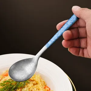 Puur titaan soeplepel met lange steel en brede diepe kom, elegante blauwe handgreep voor dineren.