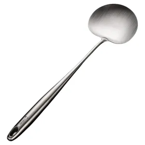 Stainless steel mushroom spatula with long handle, brushed metal finish, kitchen cooking tool.