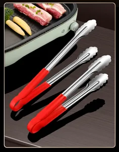 Pinze per alimenti in acciaio inossidabile con manici in silicone rosso, set per cucina e BBQ.
