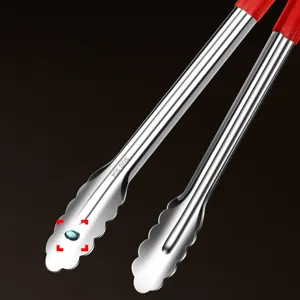 Pinza per alimenti in acciaio inossidabile 304 con manico rosso per cucina e barbecue.