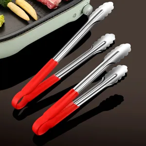 Pinze alimentari in acciaio inox con manici in silicone rosso, utensili da cucina per barbecue.