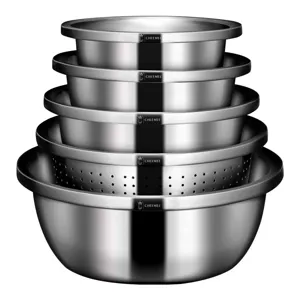 Stainless steel mixing bowls set, nesting kitchen basins and colander for food prep, durable.