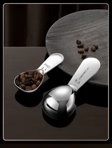 Stainless steel measuring spoon for coffee beans and milk powder, durable kitchen tool.