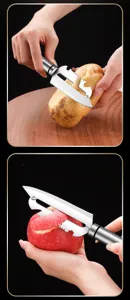 Stainless steel vegetable peeler detail showcasing sharp blade cutting apple and potato easily.