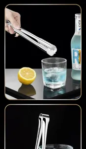 Stainless steel ice tongs for kitchen, bar, ice cubes, sugar cubes, and food use.
