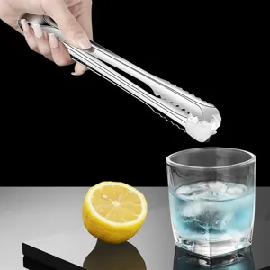 Stainless steel ice tongs for kitchen bar use, anti-slip grip design, silver finish.