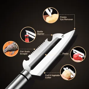 Multifunctional stainless steel vegetable peeler with potato eye remover and bottle opener.