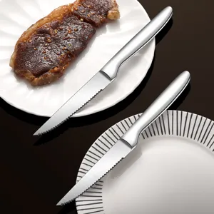 Stainless steel serrated steak knives set with sharp blade for home and hotel dining use.