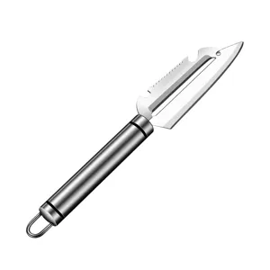 Stainless steel multi-functional vegetable peeler with ergonomic handle and sharp dual blade.