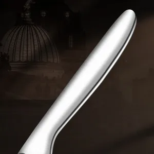 Stainless steel serrated steak knife handle close-up view, elegant kitchen tableware main image.