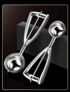 Stainless steel ice cream scoop detail view, showing spring release mechanism and durable structure.