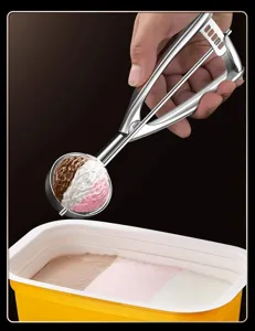 Stainless steel ice cream scoop trigger release melon baller metal fruit spoon for kitchen.