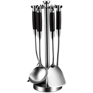 Edelstahl Küchenhelfer Set mit Ständer, langlebiger Pfannenwender und Suppenkelle zum Kochen.