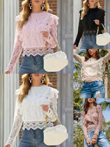 Women long sleeve lace crop top detail showcasing hollow floral lace design and slim fit style.