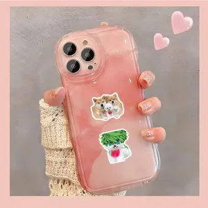 Pink marble pattern phone case with cute cartoon dog stickers, stylish and protective.