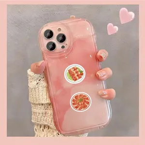 Pink marble pattern phone case with cute hotpot meat stickers detail view design