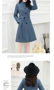 Women Wool Blend Coat Mid-Length Stand Collar Belted Trench Winter Warm Outerwear