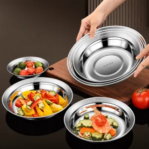 Stainless Steel Round Dinner Plate Food Grade Thickened Kitchen Tableware Serving Dish For Home Hotel Restaurant Barbecue
