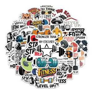 Close-up detail of colorful fitness gym dumbbell motivational quote waterproof graffiti stickers.