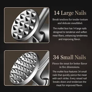 German meat tenderizer hammer with 14 large and 34 small spikes for kitchen steak cooking.