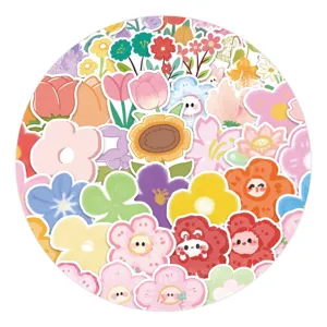 Cartoon colorful floral doodle stickers set, ideal for decorating phone cases and laptops.