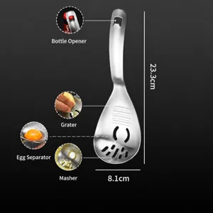 Cuillère de cuisine multifonction en acier inoxydable avec détails de râpe et presse-purée.