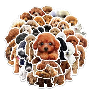 Close-up of cute poodle dog stickers set, various cartoon puppy designs for laptop guitar decor.