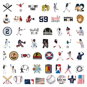 Detailed view of waterproof vinyl baseball stickers featuring player silhouettes and slogans.