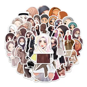 Detailansicht des niedlichen Cartoon Hijab Mädchen Aufkleber Set, ideal für Laptop und Koffer.