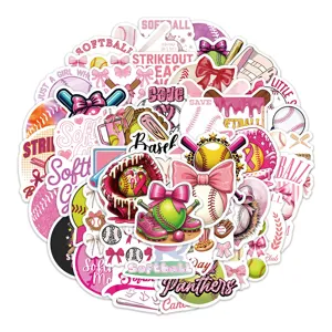 Detailansicht von 50 rosa Softball Cartoon wasserdichten Graffiti Aufklebern fuer Laptop Koffer.