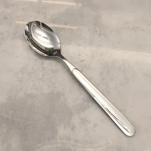 Cuillère en acier inoxydable, vue détaillée, couvert durable pour usage quotidien et dessert.