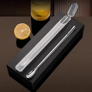 Stainless steel long handle mixing spoon with storage case, coffee and bar cocktail tool.