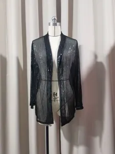 Cardigan noir transparent a sequins ouvert devant pour femmes details de style pro