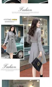 Elegant women grey wool blend trench coat mid-length single breasted winter warm outerwear.