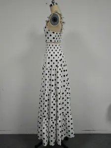 Damen Pünktchen Zweiteiler Set Rüschen Top und elegante Stufen Maxi Rock Sommer Outfit