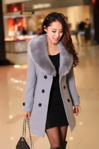 Manteau d'hiver en laine pour femme grand col en fourrure croisé long vêtement.
