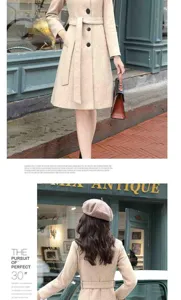 Women's mid-length single-breasted wool blend coat with belt, elegant trench coat for autumn winter.