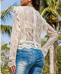 White lace hollow long sleeve top back zipper detail view showing delicate floral pattern.