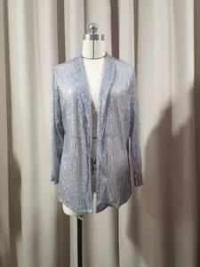 Veste Blazer Casual à Paillettes Argentées pour Femme Cardigan Ouvert Printemps