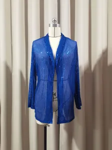 Blazer cardigan à sequins bleu roi pour femmes, vêtement d'extérieur élégant et ajusté.