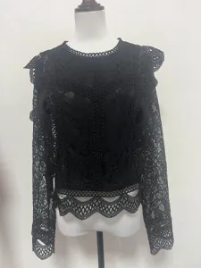 Black lace long sleeve top for women, hollow out floral design, sexy cropped blouse.