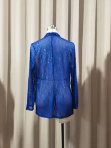 Veste blazer sequins bleue femme, élégante coupe slim casual brillant vêtement d'extérieur.