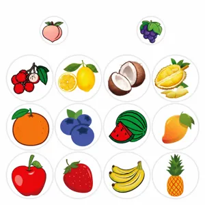 Cartoon Frucht Aufkleber Rolle mit 14 süßen Designs, wasserdichte dekorative Sticker.