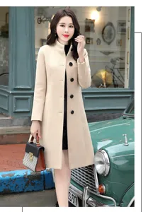 Women mid-length woolen coat single breasted stand collar slim fit winter outerwear apparel