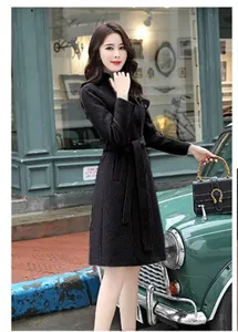Women's mid-length wool blend coat with belt, elegant slim fit single-breasted winter jacket.