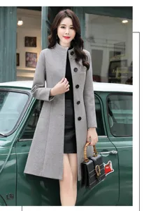 Women grey wool blend trench coat long sleeve single breasted Korean style winter outerwear