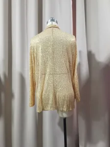 Veste blazer dorée scintillante à sequins pour femmes, vêtement de fête élégant et chic.