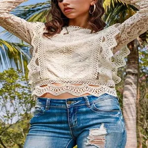 Sexy Solid Color Hollow Lace Crop Top Women Long Sleeve Ruffle Casual Blouse New