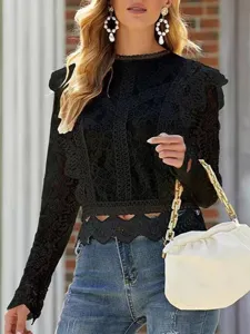 Women black lace crop top long sleeve hollow out floral lace shirts sexy slim streetwear 2025
