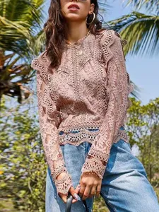 Stunning crochet lace long sleeve top for women, chic hollow out casual blouse shirt.